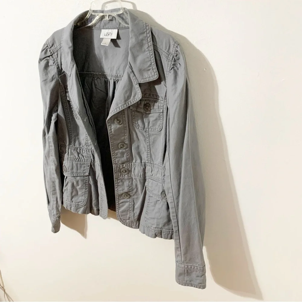 Ann Taylor LOFT Button Front Cotton Jacket Pockets Long Sleeves Puffed Shoulders